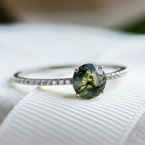Gold engagement ring with moss agate and moissanites ARWEN