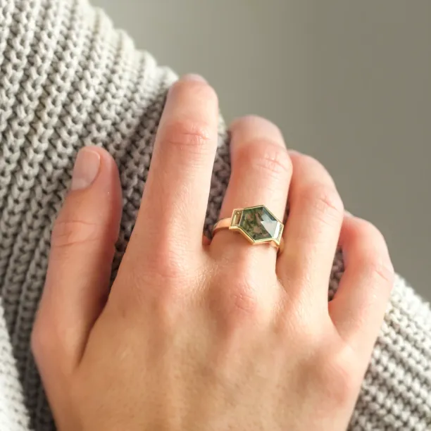 Original ring with moss agate and moissanites CALEN Image