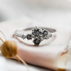 Unusual cluster ring with salt'n'pepper diamonds GEMBA