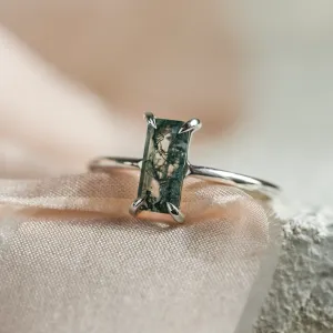 Elegant ring with baguette moss agate FAIRY Thumbnail