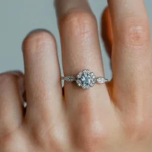 Halo engagement ring with aquamarine and diamonds CALI