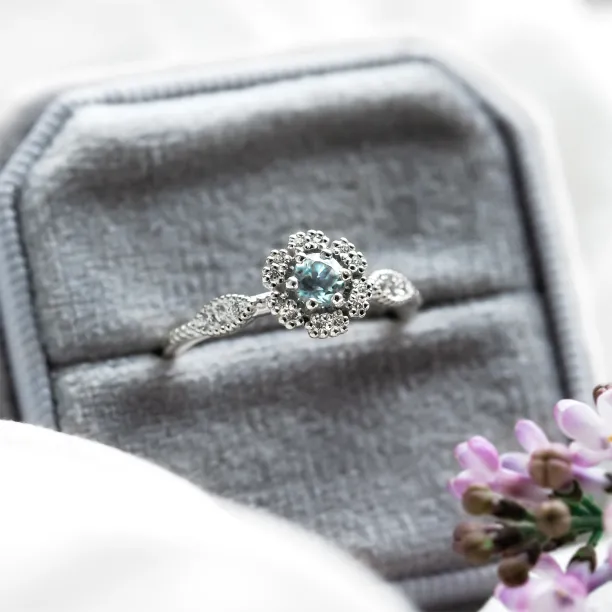 Halo engagement ring with aquamarine and diamonds CALI Image