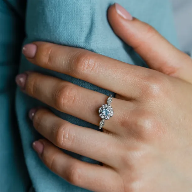 Halo engagement ring with aquamarine and diamonds CALI Image