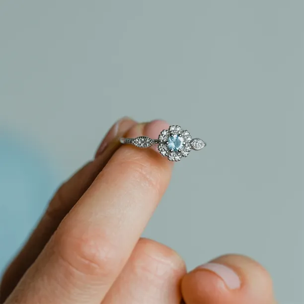Halo engagement ring with aquamarine and diamonds CALI Image