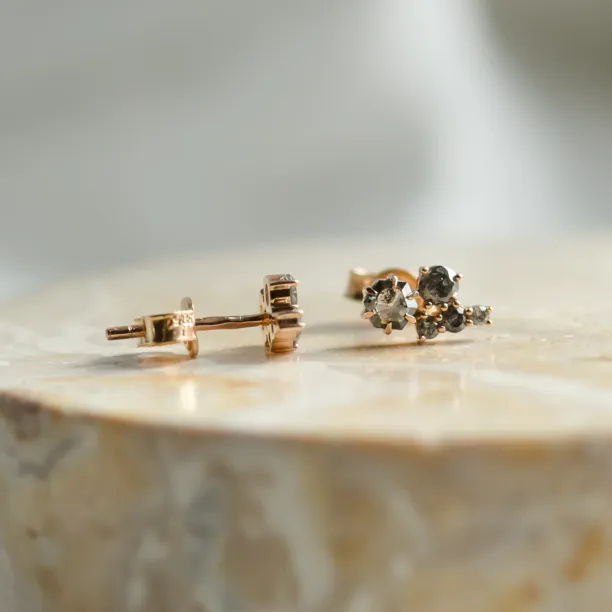 Gold cluster earrings with salt and pepper diamonds CALLA Image
