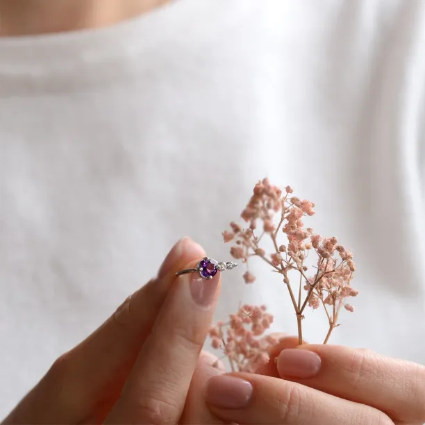 Gold ring with purple amethyst and diamonds AMO Image