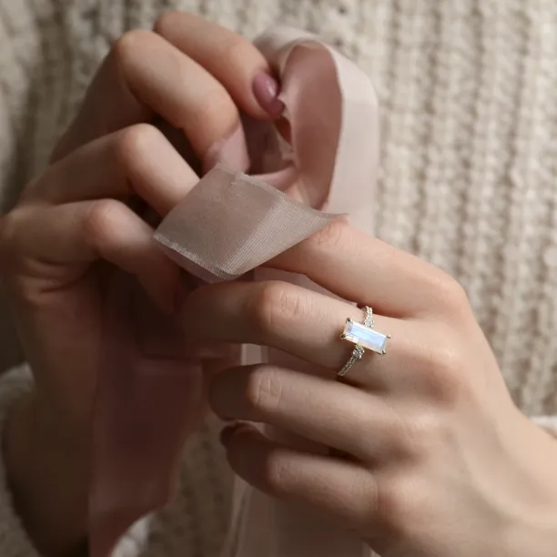 Gold baguette moonstone ring with side diamonds TIGE Image