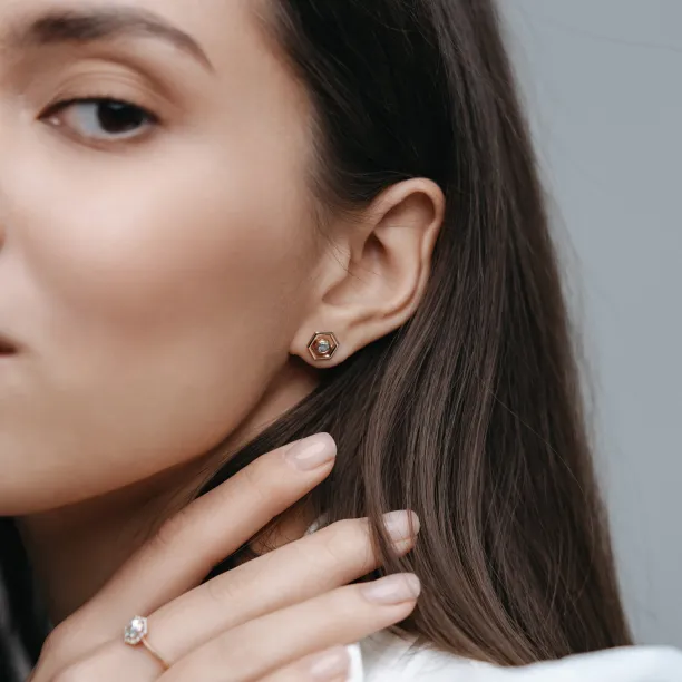 Gold hexagonal earrings with removable gemstone SAM Image
