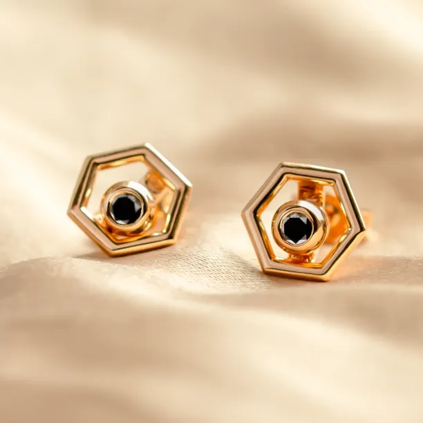 Gold hexagonal earrings with removable gemstone SAM Image