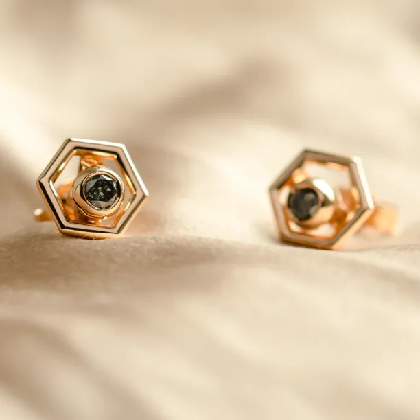 Gold hexagonal earrings with removable gemstone SAM Image