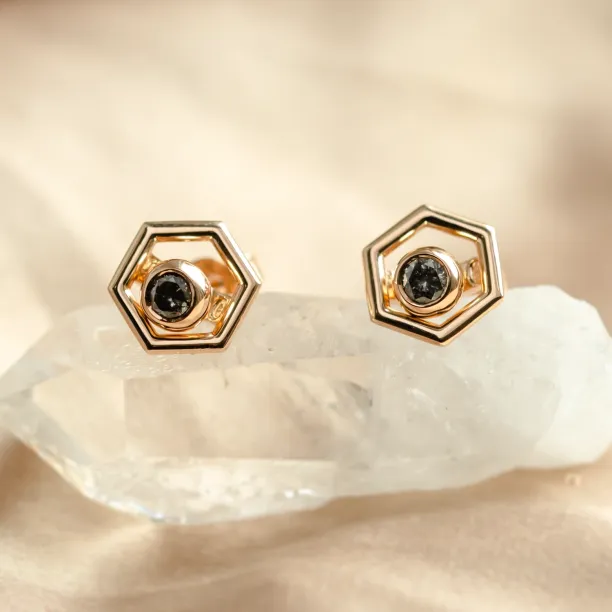 Gold hexagonal earrings with removable gemstone SAM Image
