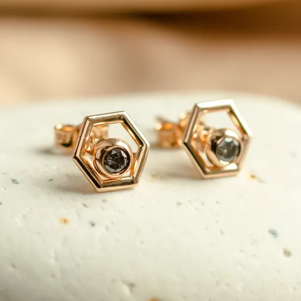 Gold hexagonal earrings with removable gemstone SAM Image