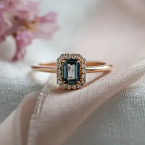 Halo gold ring with teal baguette sapphire and diamonds CELADON Thumbnail