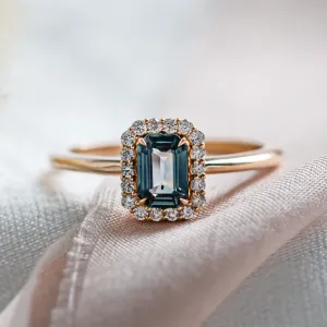 Halo gold ring with teal baguette sapphire and diamonds CELADON
