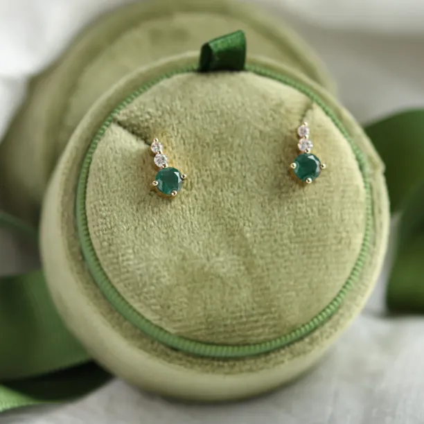 Simple gold earrings with moss agates and diamonds LILIBET Image