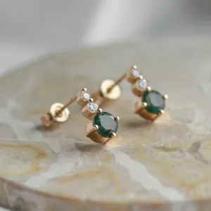 Simple gold earrings with moss agates and diamonds LILIBET Thumbnail