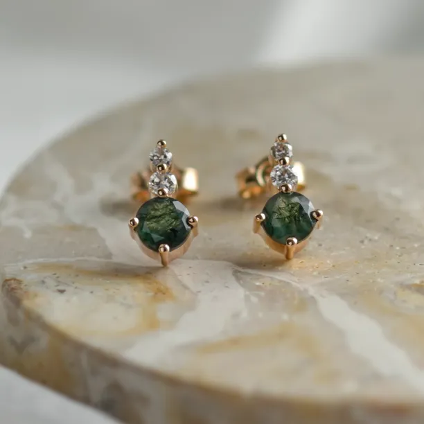 Simple gold earrings with moss agates and diamonds LILIBET Image