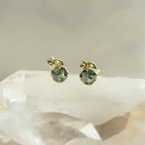 Round gold stud earrings with moss agate RENE Thumbnail