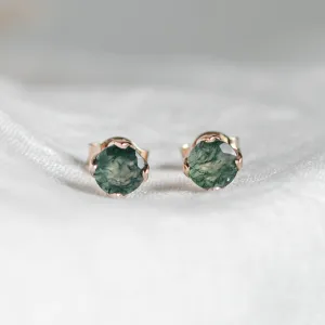 Round gold stud earrings with moss agate RENE Thumbnail