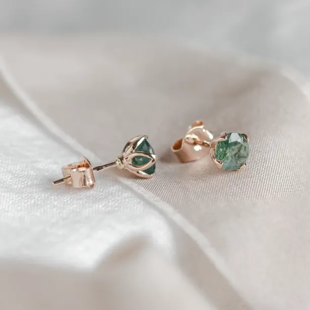 Round gold stud earrings with moss agate RENE Image