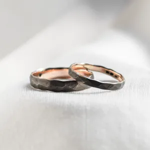 Black wedding bands in gold with hammered surface AZTEK