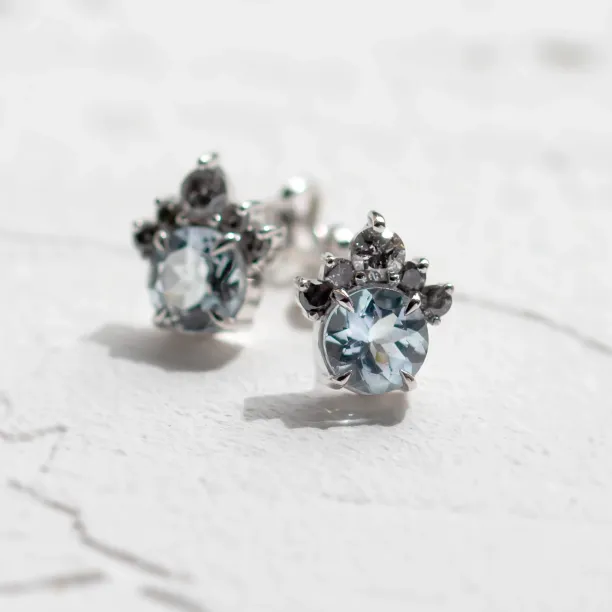Gold aquamarine and salt & pepper diamond earrings BELLA Image