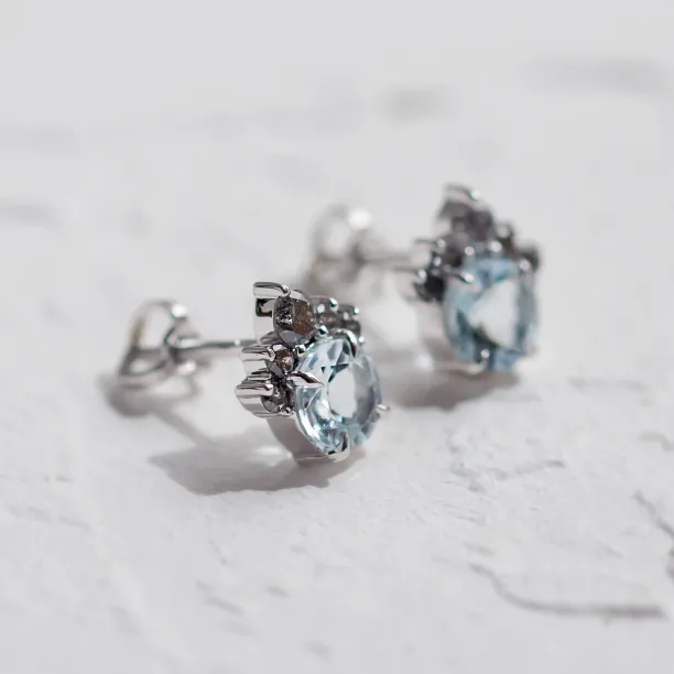 Gold aquamarine and salt & pepper diamond earrings BELLA Image