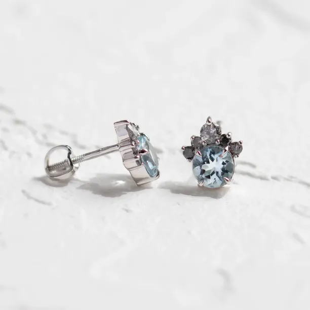 Gold aquamarine and salt & pepper diamond earrings BELLA Image