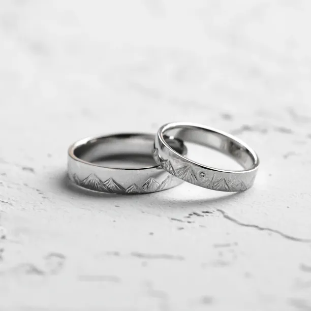 Wedding bands with mountains engraving and diamond HIKE Image