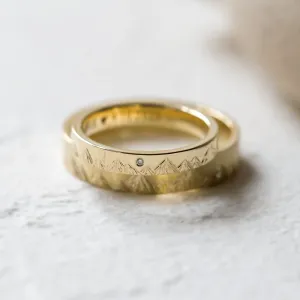 Wedding bands with mountains engraving and diamond HIKE Thumbnail