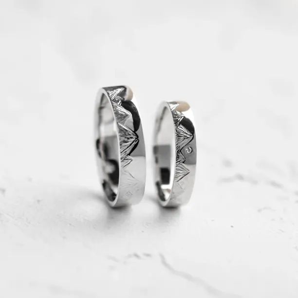 Wedding bands with mountains engraving and diamond HIKE Image