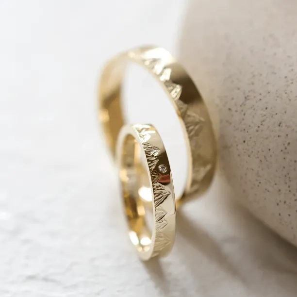 Wedding bands with mountains engraving and diamond HIKE Image