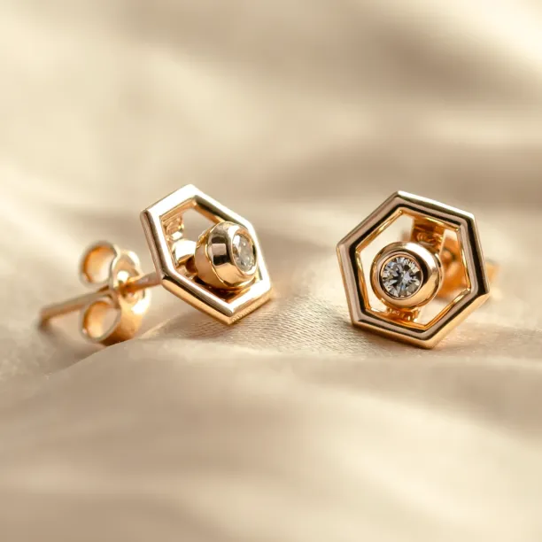 Gold hexagonal earrings with removable gemstone SAM Image