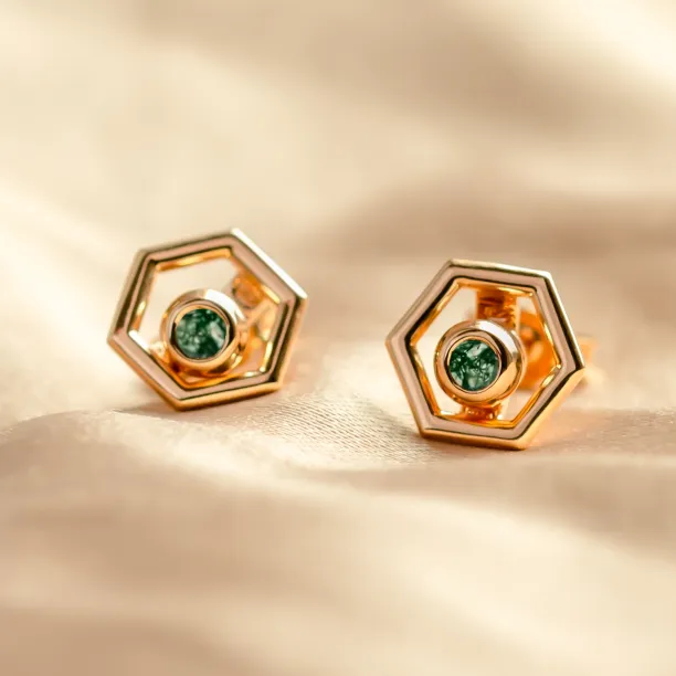 Gold hexagonal earrings with removable gemstone SAM Image