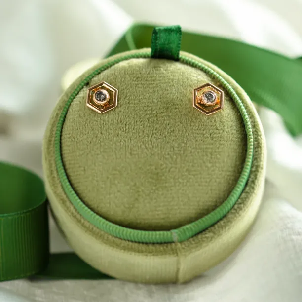 Gold hexagonal earrings with removable gemstone SAM Image