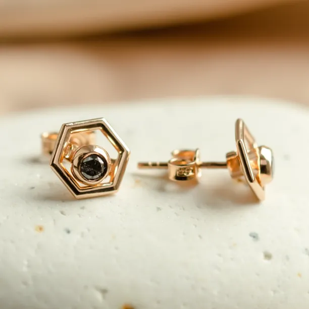 Gold hexagonal earrings with removable gemstone SAM Image