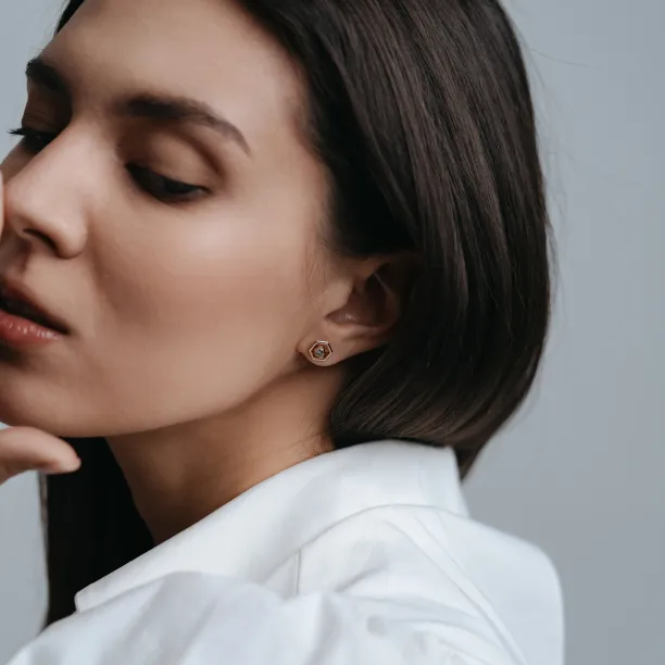 Gold hexagonal earrings with removable gemstone SAM Image