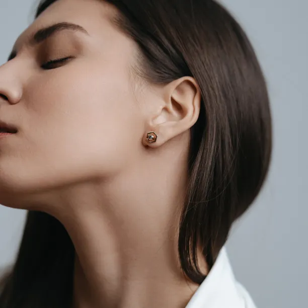 Gold hexagonal earrings with removable gemstone SAM Image