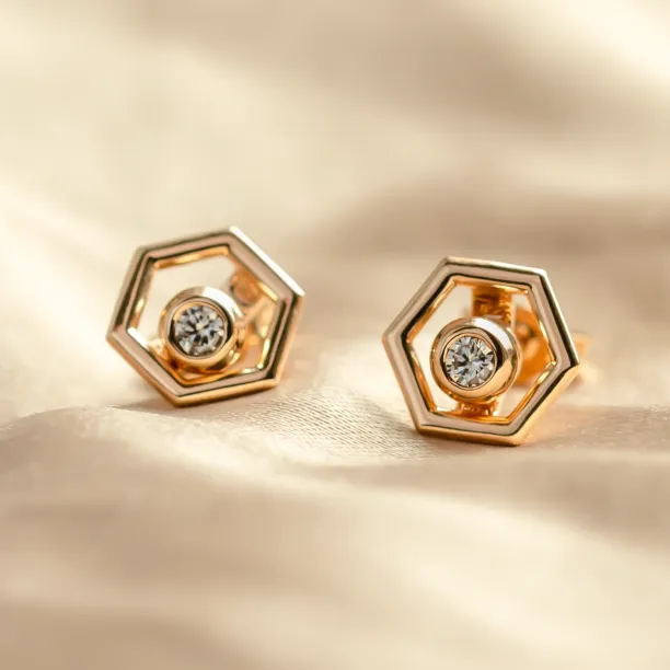 Gold hexagonal earrings with removable gemstone SAM Image