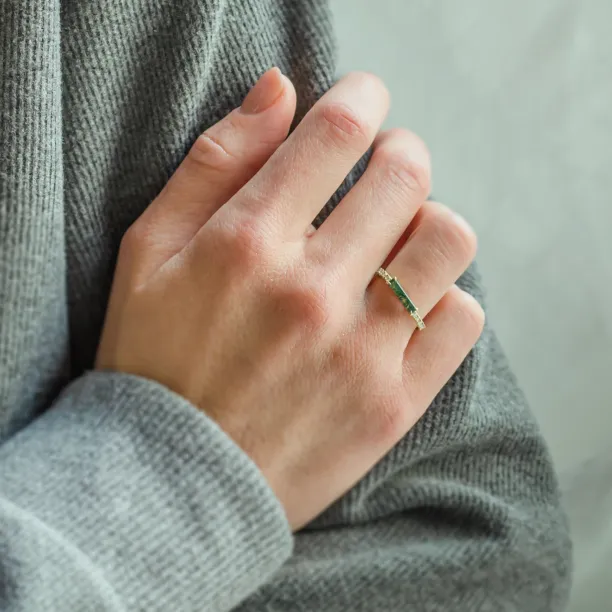 Unusual engagement ring with baguette moss agate and diamonds MILA Image