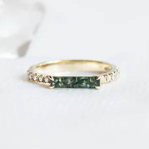 Unusual engagement ring with baguette moss agate and diamonds MILA