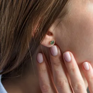 Round gold stud earrings with moss agate RENE Thumbnail