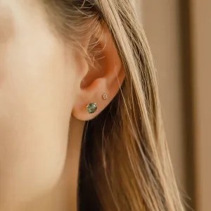 Round gold stud earrings with moss agate RENE Thumbnail