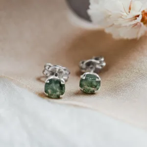 Round gold stud earrings with moss agate RENE Thumbnail