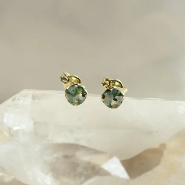 Round gold stud earrings with moss agate RENE Image