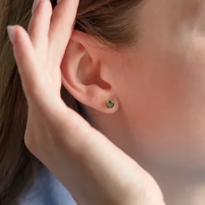 Round gold stud earrings with moss agate RENE Thumbnail