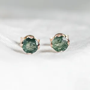 Round gold stud earrings with moss agate RENE