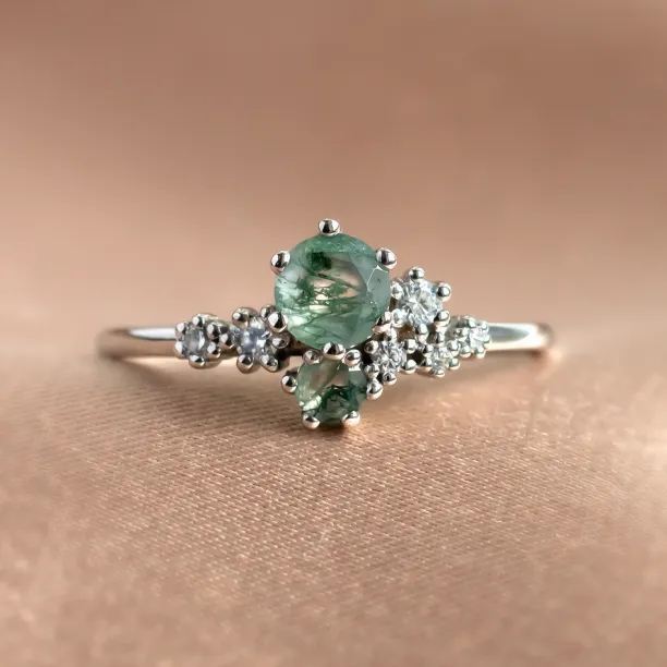 Cluster ring with moss agate and diamonds FANTASY Image