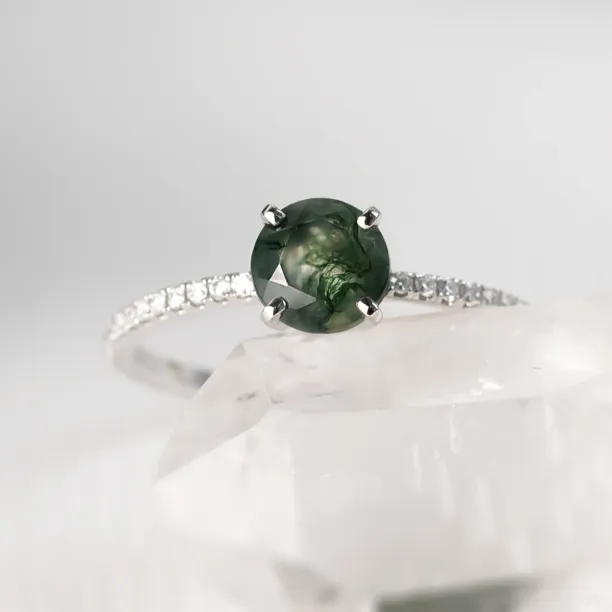 Gold engagement ring with moss agate and moissanites ARWEN Image