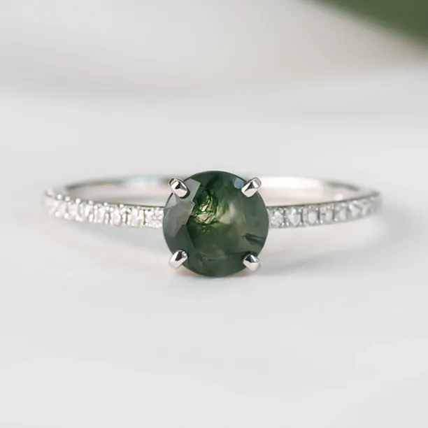 Gold engagement ring with moss agate and moissanites ARWEN Image